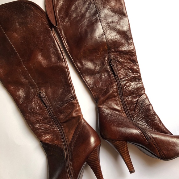 Nine West leather knee high brown 4” heel boots - Picture 7 of 8